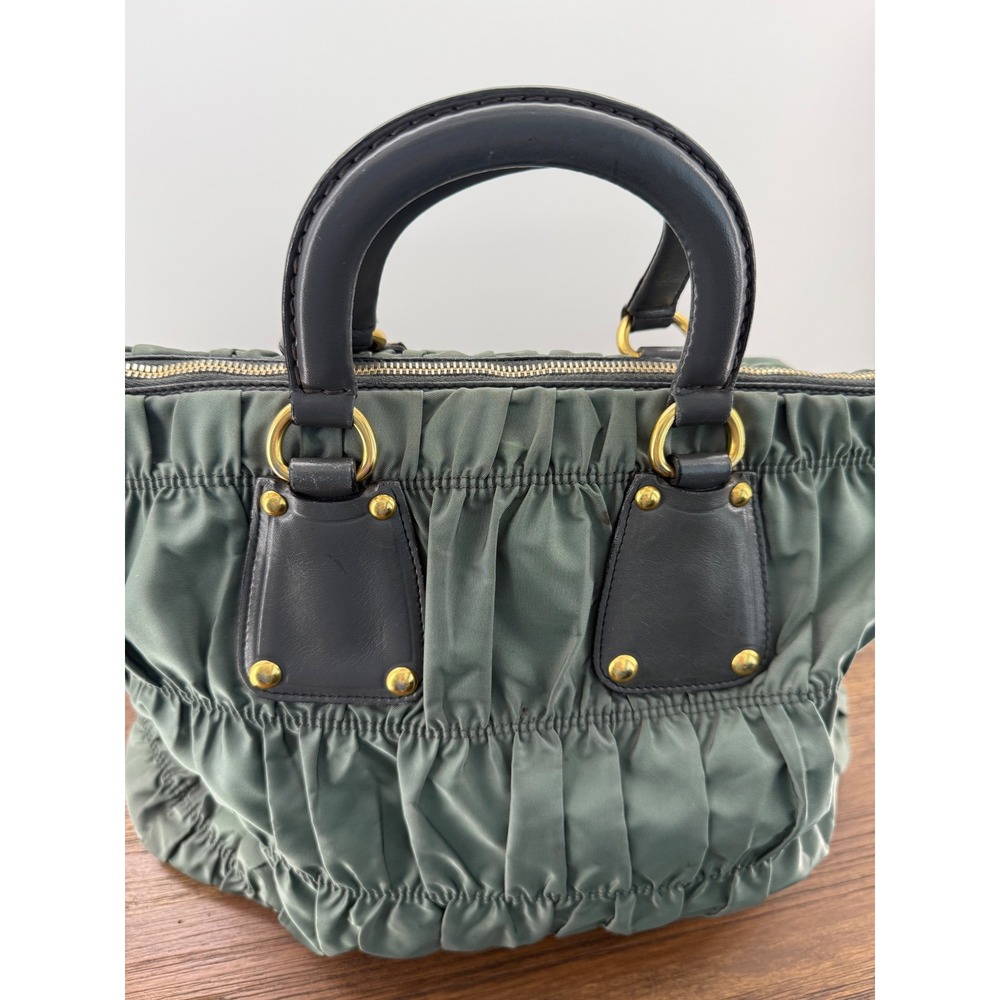 Prada Tessuto Gauffre Ruched Nylon Leather Satchel Bag Green Black Gold Hardware - Picture 7 of 11
